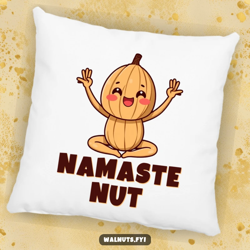 Funny pillow featuring a walnut in a yoga pose, perfect for peaceful relaxation and comfort.