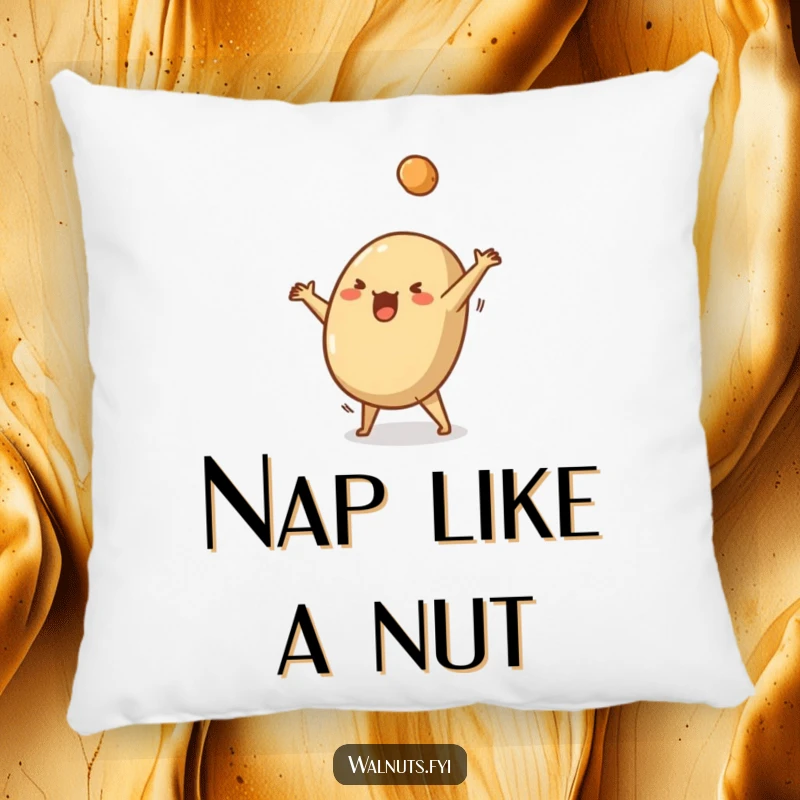 Funny pillow featuring a silly Brazil nut mid-cartwheel with a crumb flying off, adding playful decor.