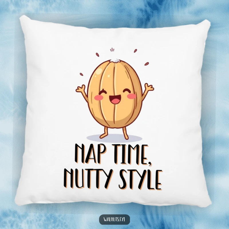 Funny pillow showcasing a happy walnut doing a jig, with salt sprinkles, creating a comical and cozy nutty scene.