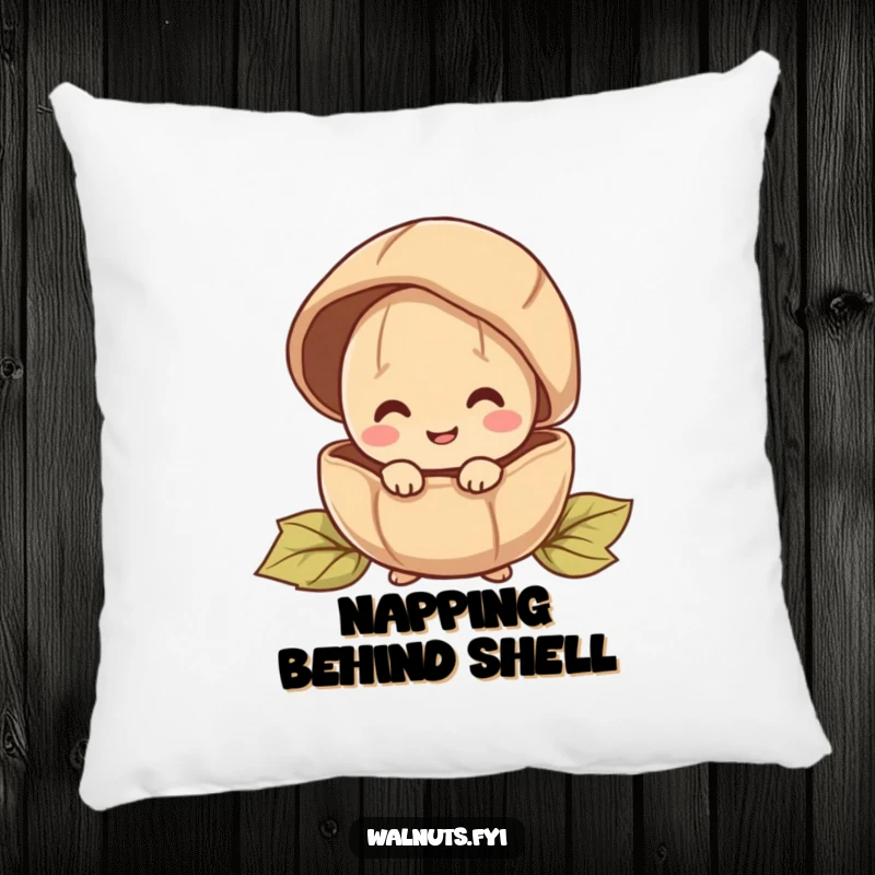 Funny decorative pillow with a happy walnut character peeking from behind a large shell, adding charm.