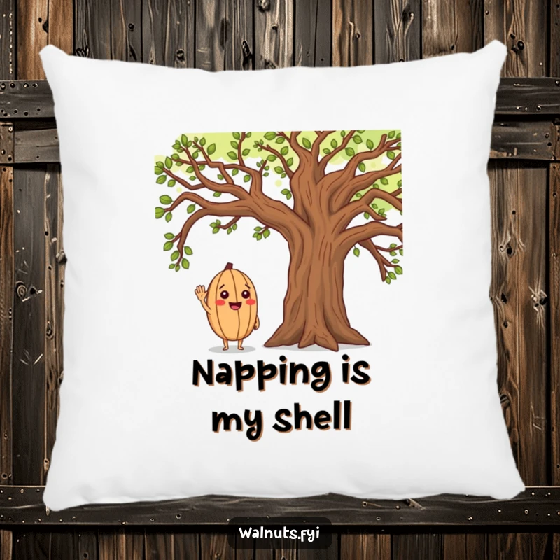 Funny pillow featuring a cheerful walnut character saluting a majestic oak tree, adding a touch of woodland charm and humor.