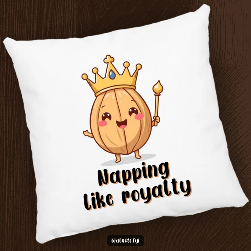 Funny Walnut King Pillow featuring a happy walnut wearing a tiny crown and holding a scepter, looking quite regal.