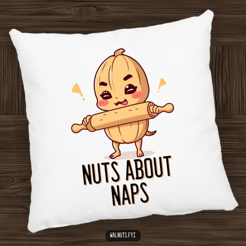 Funny pillow with a determined walnut comedian balancing a rolling pin and cracking a joke, offering comfort and humor.
