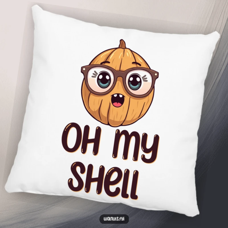 Funny Pillow featuring a walnut character wearing oversized reading glasses, with a comically surprised and wide-eyed look.