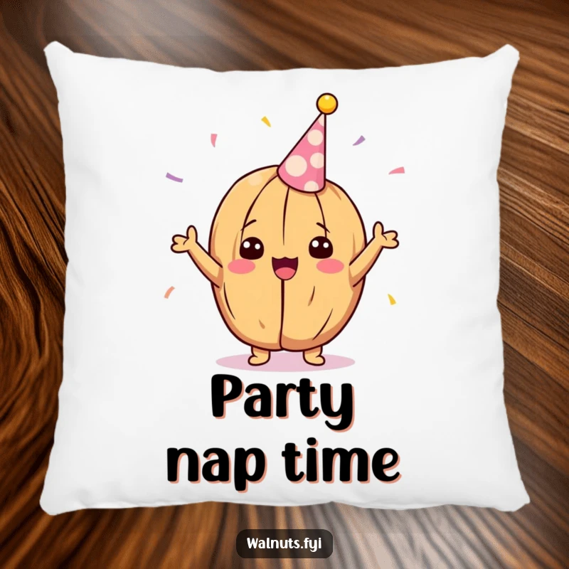 Funny Kawaii walnut pillow, a delighted walnut cheering with a party streamer, a soft and festive accent.