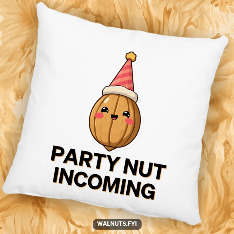 Funny Pillow adorned with a cheerful crowned walnut in a party hat, offering cozy, comical support and a regal touch.