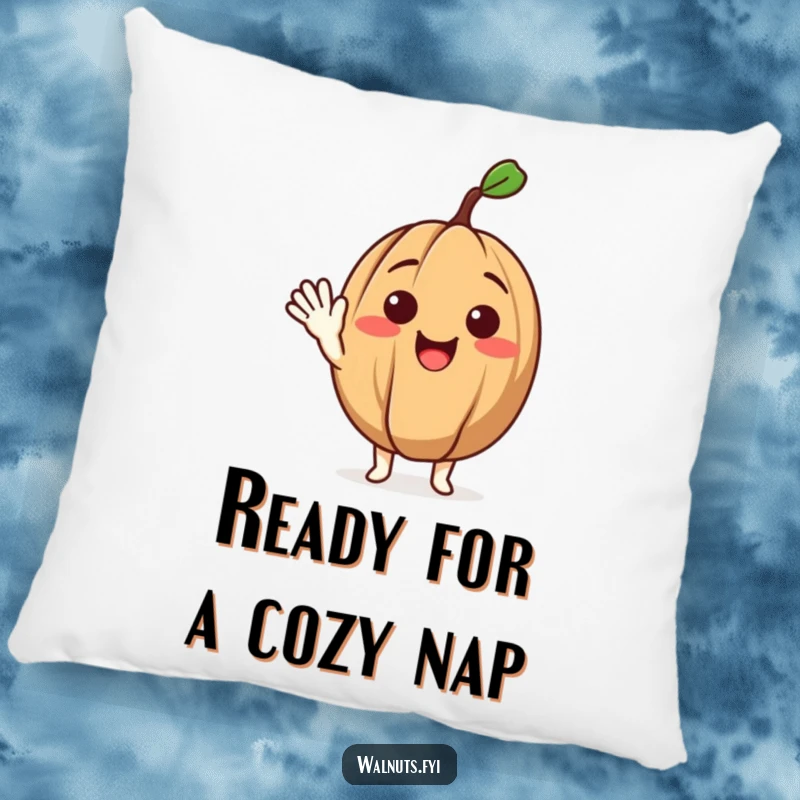 Funny pillow featuring a delighted walnut character giving a friendly wave, offering comfort and humorous charm.
