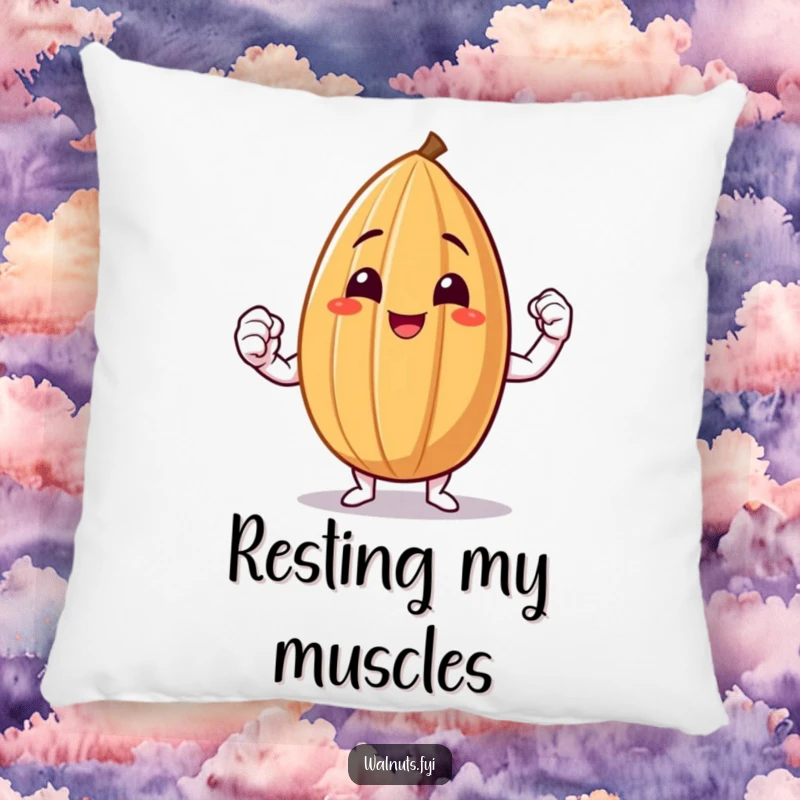 Funny Almond Flex Pillow featuring a smiling almond triumphantly flexing a small muscle with pride.