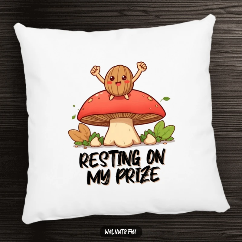 Funny smiling walnut character triumphantly perched on a large mushroom, featured on a soft and decorative humorous pillow.