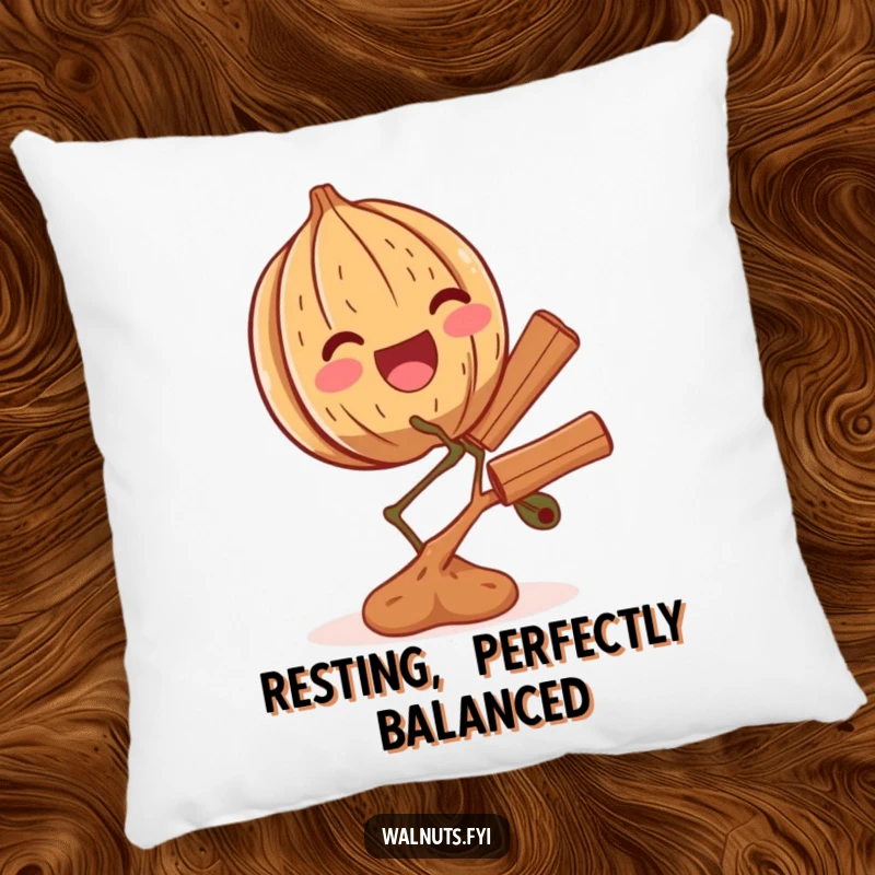 Funny pillow design of a thrilled walnut balancing a tiny branch of cinnamon, bringing comfort and a smile.