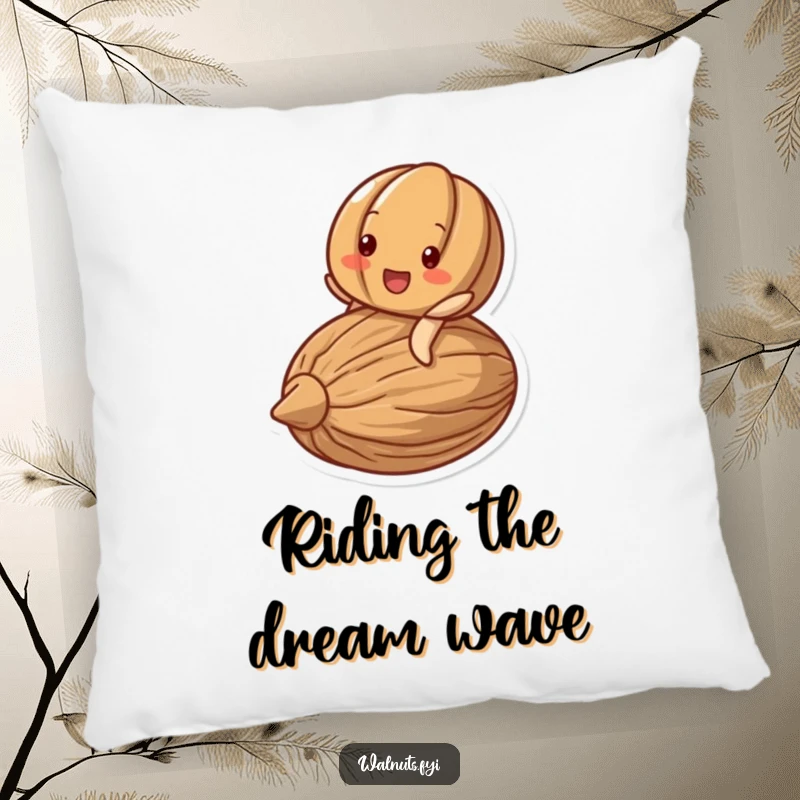 Funny pillow featuring a delighted walnut character beaming while riding on a larger, stylized nut.