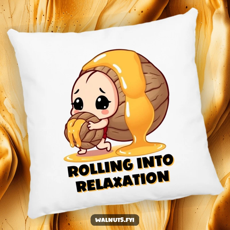 Funny pillow design of a tenacious walnut pushing a large drop of honey, offering comfort and a chuckle.