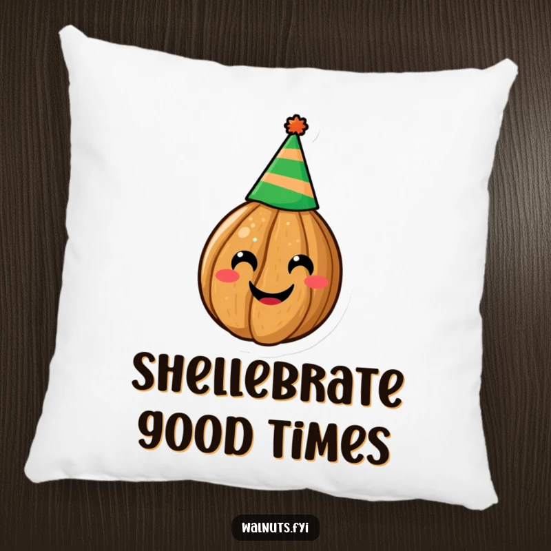 Funny pillow featuring a happy walnut adorned with a party hat, offering plush comfort and comical appeal, ideal funny gift.
