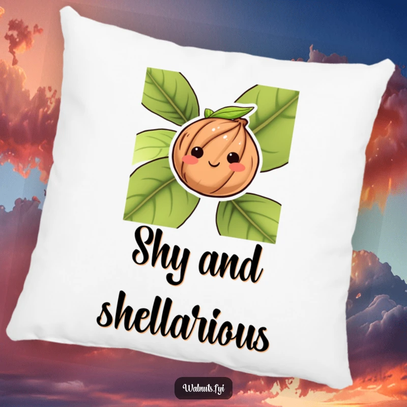 Funny pillow featuring a blushing walnut peeking from behind a leaf, offering soft, shy comfort.