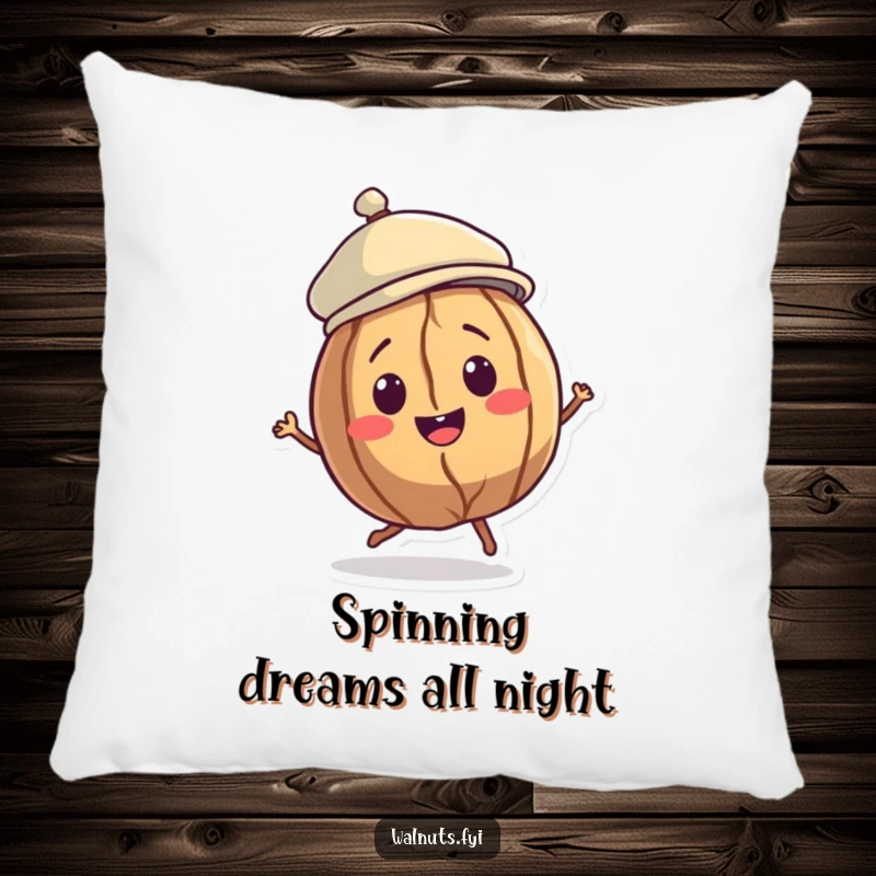Funny Walnut Dancer Pillow showcasing a smiling walnut character in a jaunty cap, doing a little spin, combining comfort with playful energy.