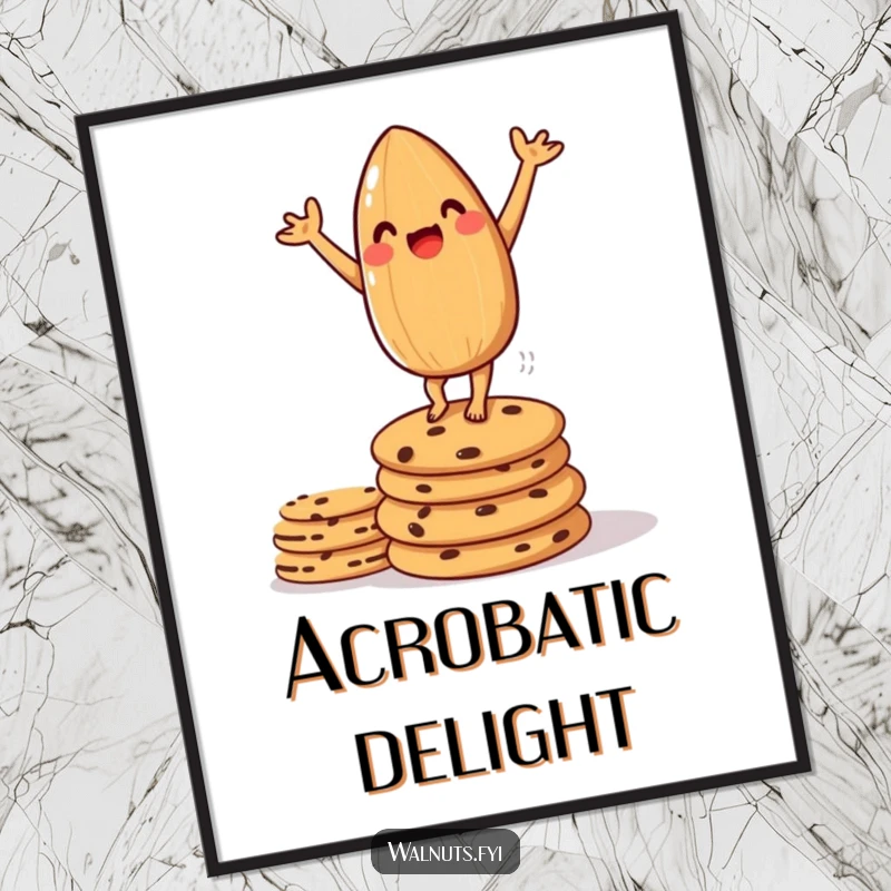 Funny digital art print of an amused almond doing a handstand on cookies, perfect for whimsical decor.