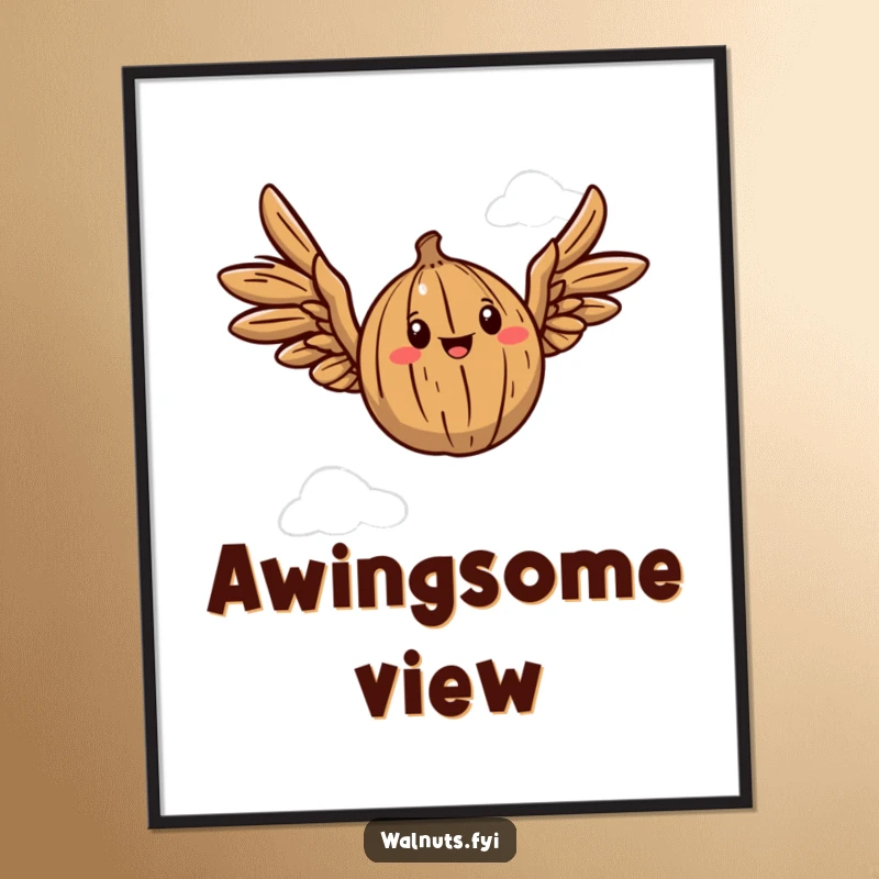 Funny digital art print of a walnut with wings happily soaring against a sky backdrop.