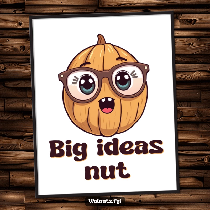 Funny Digital Art Print of a walnut character wearing large reading glasses, with a comically surprised and wide-eyed expression.