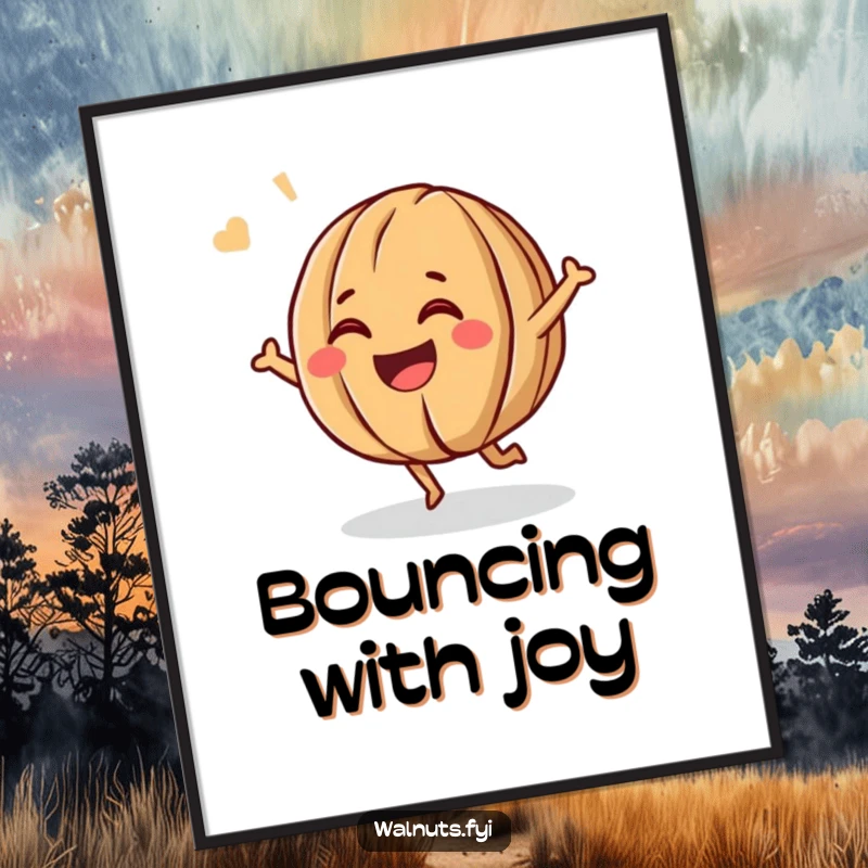 Funny digital art print of a giggling walnut character bouncing with pure joy and a wide, cheerful grin.