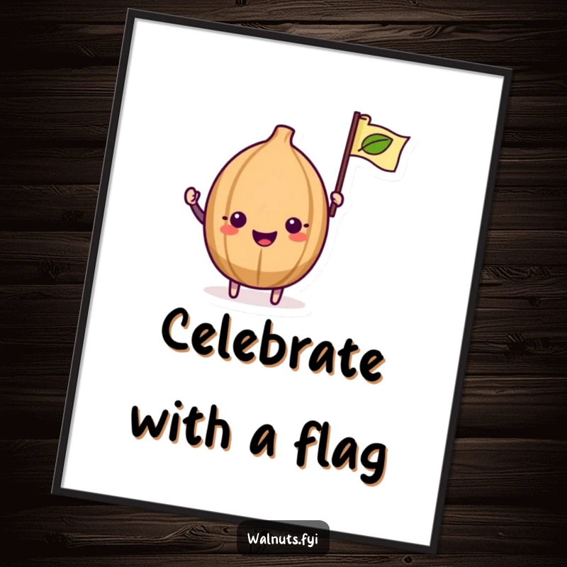 Funny Kawaii Walnut Digital Art Print: A kawaii walnut is shown excitedly waving a flag, bringing spirit to your digital decor.