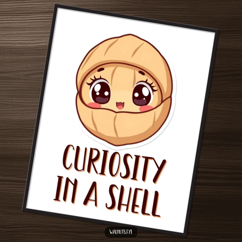 Funny digital art print of a cute walnut character peeking out from its shell with wide, excited eyes.