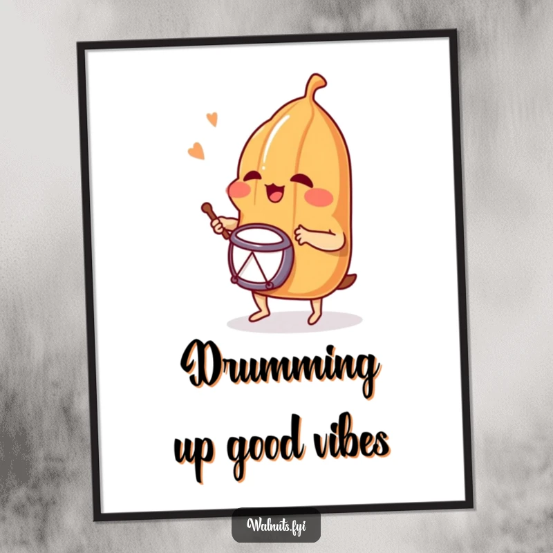 Funny digital art print of an enthusiastic pecan playing a drum, capturing a moment of musical joy and vibrant energy.