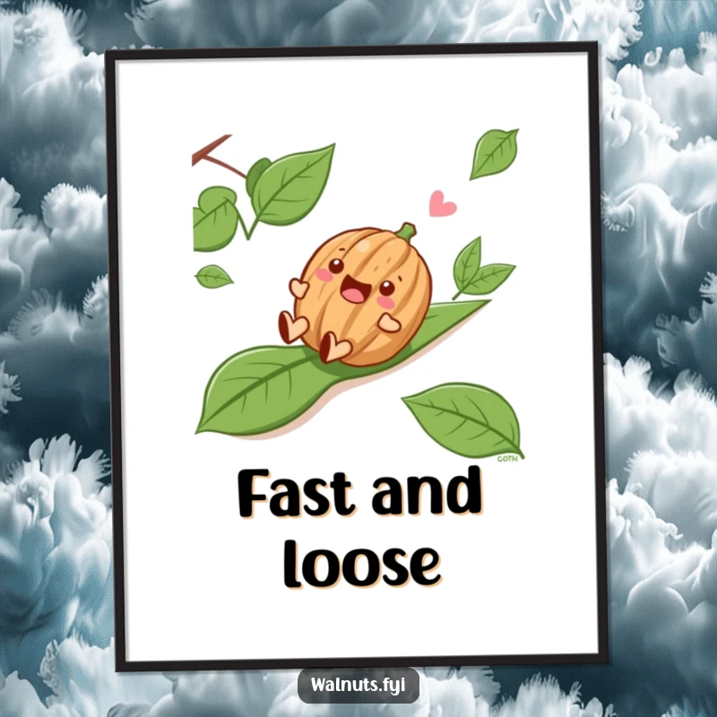 Funny Sliding Walnut Digital Art, a delighted walnut sliding down a slope, printable wall art for a joyful vibe.