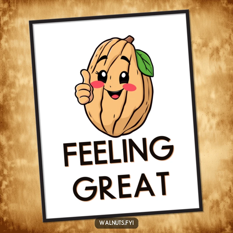 Funny digital art print of a happy walnut giving a thumbs up, delivering instant positivity and approval, an excellent funny gift.
