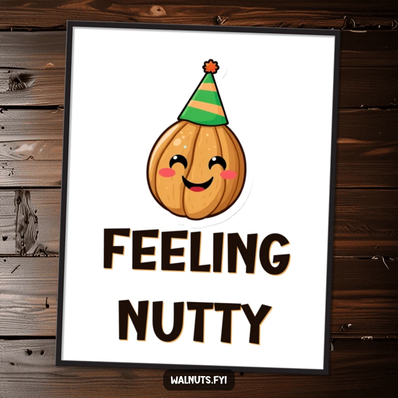 Funny digital art print of a happy walnut in a party hat, delivering instant cheer and humor, an excellent funny gift.