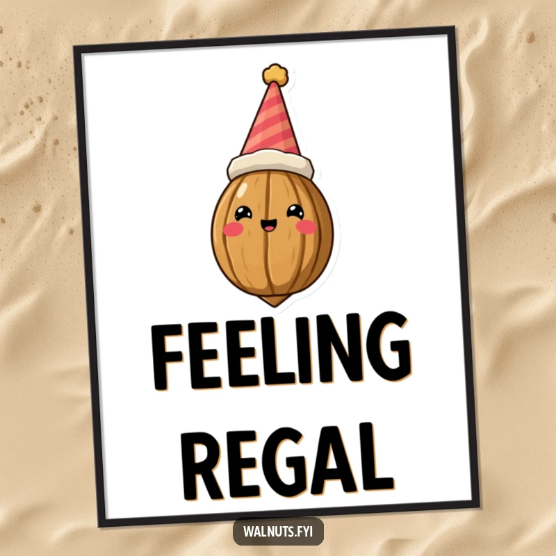 Funny Digital Art Print of a crowned walnut in a party hat, conveying a festive and humorous royal celebration.
