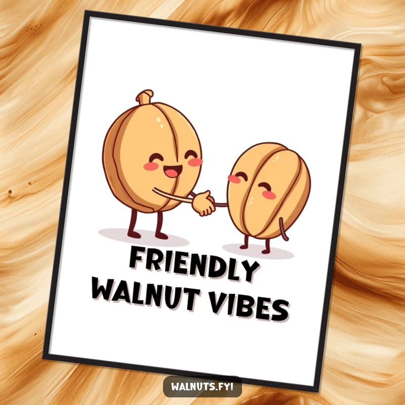 Funny digital art print of a beaming walnut offering a tiny handshake to another walnut, representing nutty connection.
