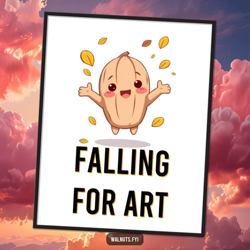 Printable funny autumn walnut digital art of a character catching falling leaves, ideal for immediate decor.