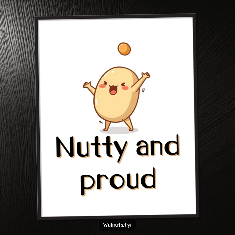 Funny digital art print of a silly Brazil nut doing a cartwheel, a crumb flying off, capturing energetic fun.