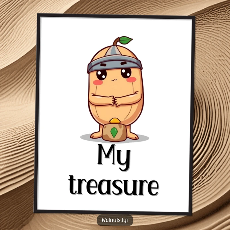 A determined round Brazil nut with crossed arms guards a small treasure in this humorous digital art print.