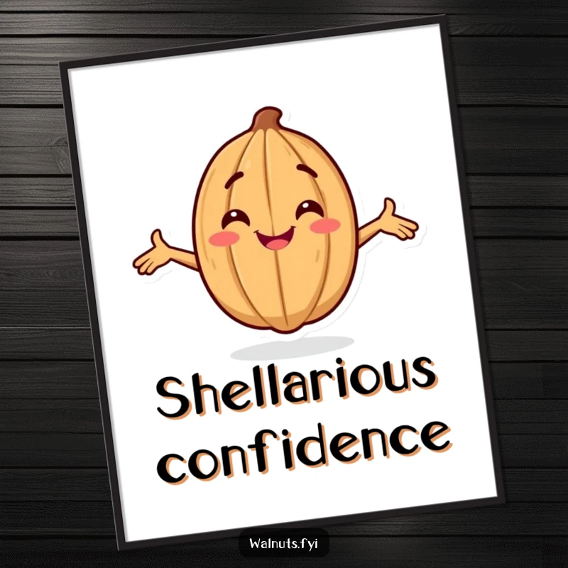 Funny digital art print of a smiling walnut character striking a confident pose with arms outstretched, instantly downloadable.