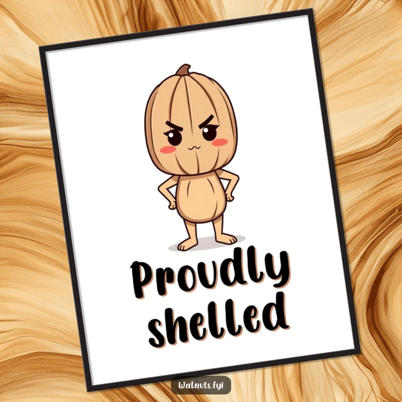 Funny digital art print of a determined walnut character standing tall and proud, embodying resilience and a strong spirit.