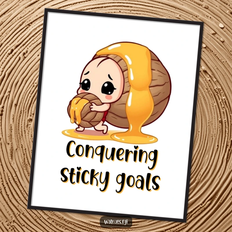 Funny digital art of a determined walnut heroically pushing a large, sticky drop of honey, symbolizing effort.