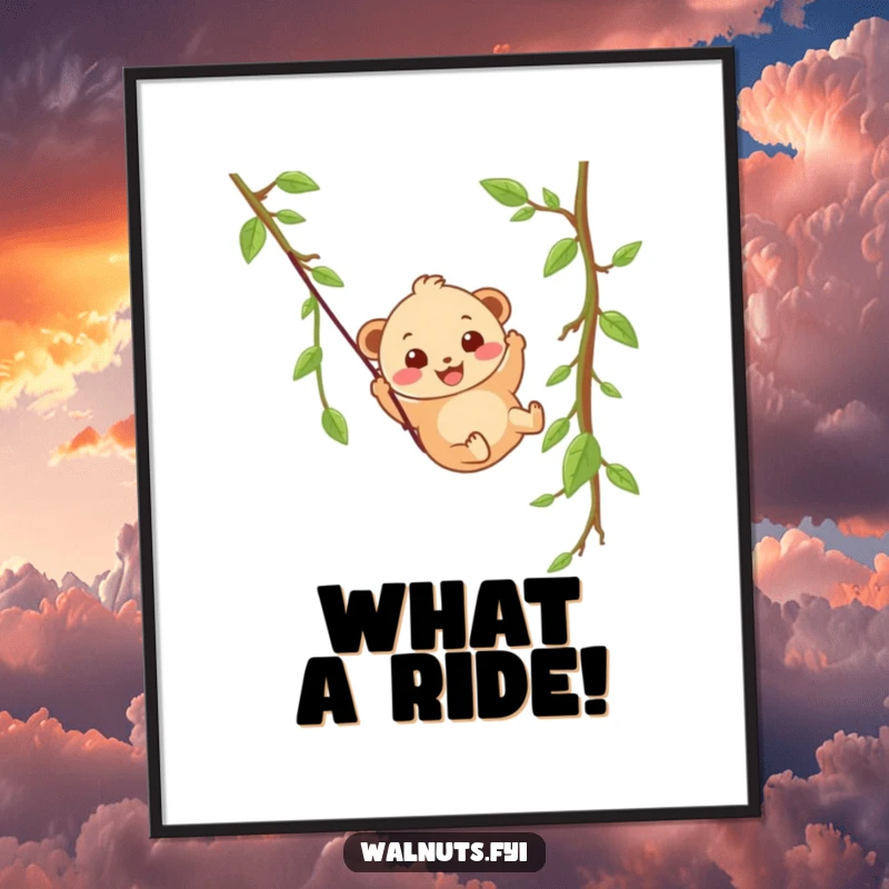 A wobbly beige hazelnut character with a happy grin slides down a vine zipline in this humorous digital art print.