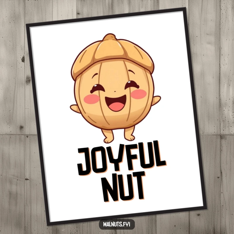 Funny digital art print of a joyous walnut character with a big, happy smile, bringing instant cheer and happiness.