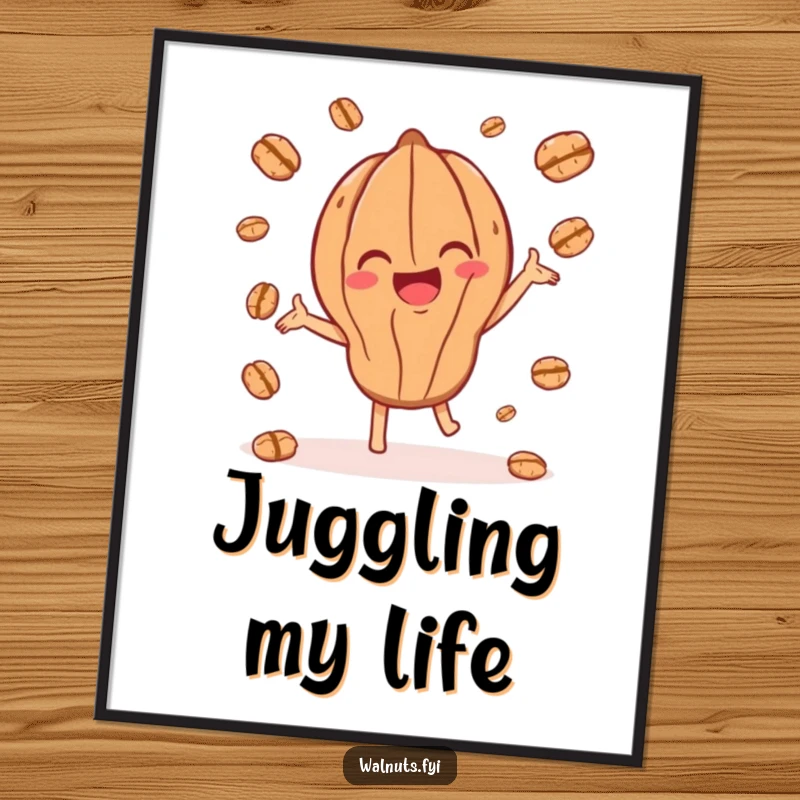 Funny digital art print of a joyful walnut character playfully juggling smaller walnut pieces, instantly downloadable.