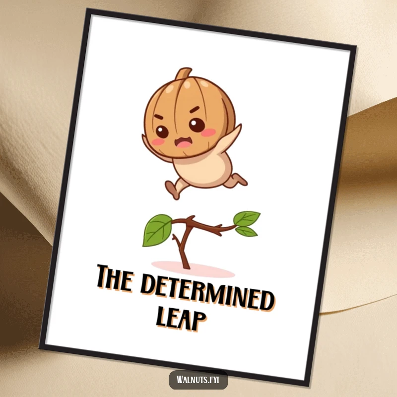 Funny determined walnut character leaping over a twig, high-resolution digital art print for humorous decor.