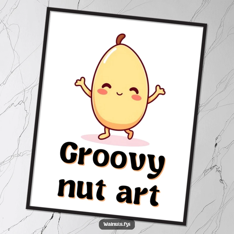 Funny Kawaii almond digital art print of a delighted character in a whimsical, energetic dance, perfect for instant joyful wall decor.