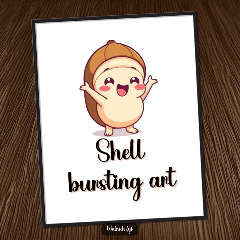 Funny Kawaii hazelnut digital art print of an excited character popping out of its shell, perfect for instant energetic decor.
