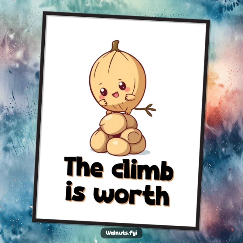 Funny Kawaii Pine Nut Digital Art Print featuring a determined character climbing nuts, perfect for motivational humorous decor. Instant funny gift.