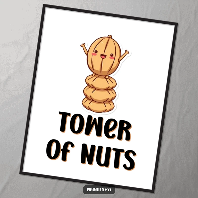 Funny Kawaii Walnut Balance Digital Art: A cute cartoon walnut balances atop a stack of nuts, its determined yet humorous pose adding flair.