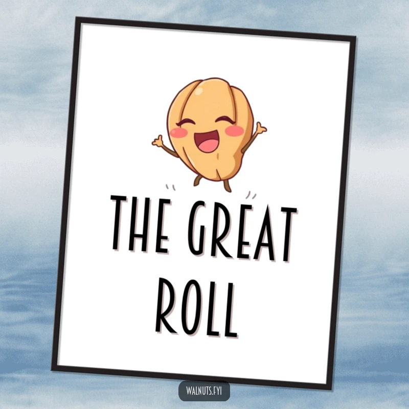 Printable funny kawaii walnut digital art of a laughing walnut rolling downhill energetically, ideal for immediate decor.