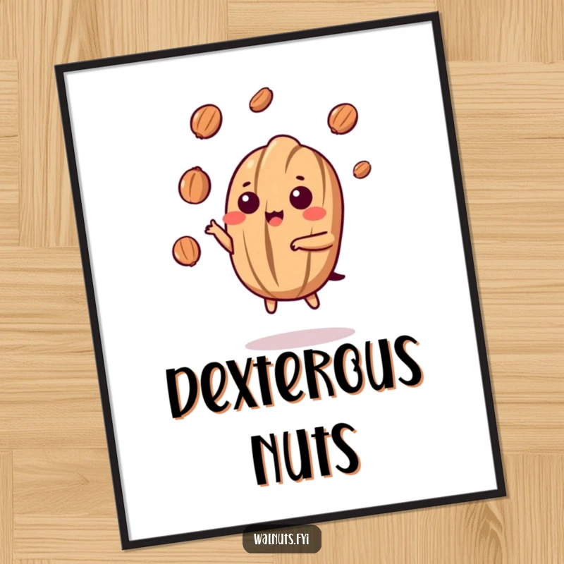 Funny Kawaii Walnut Juggling Digital Art: A cute cartoon walnut juggles nut pieces with nimble grace, its focused yet cheerful pose adding flair.