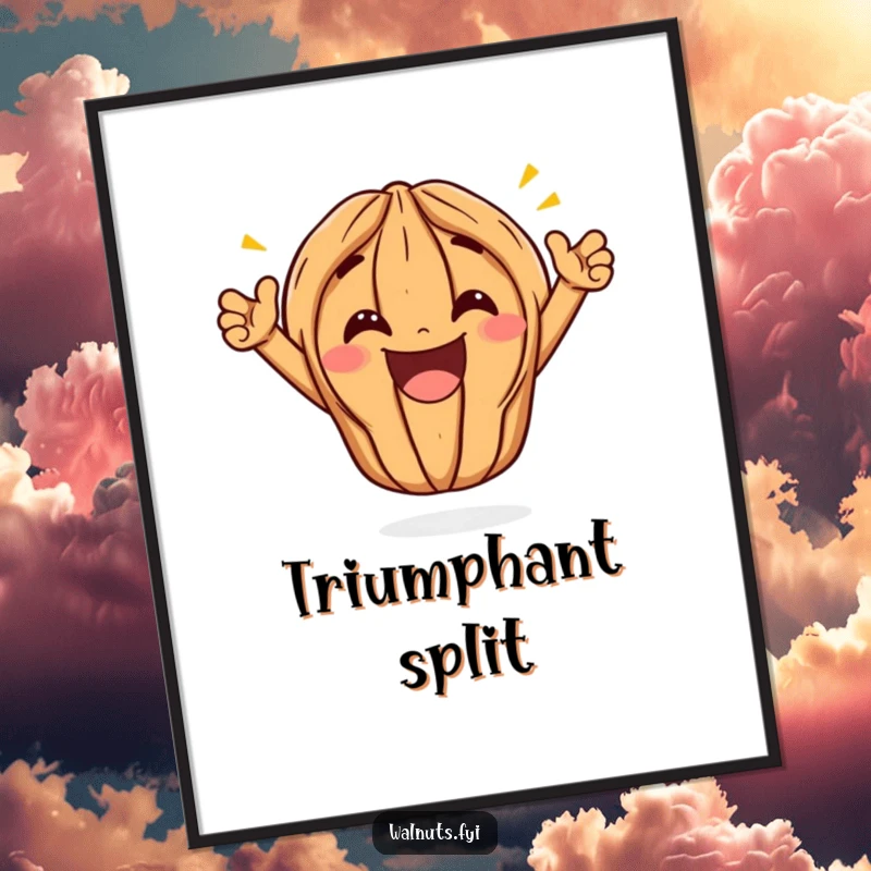 Funny Kawaii Walnut Split Digital Art: A cute cartoon walnut performs a wide, triumphant split with a massive grin, its pose radiating joyful humor.