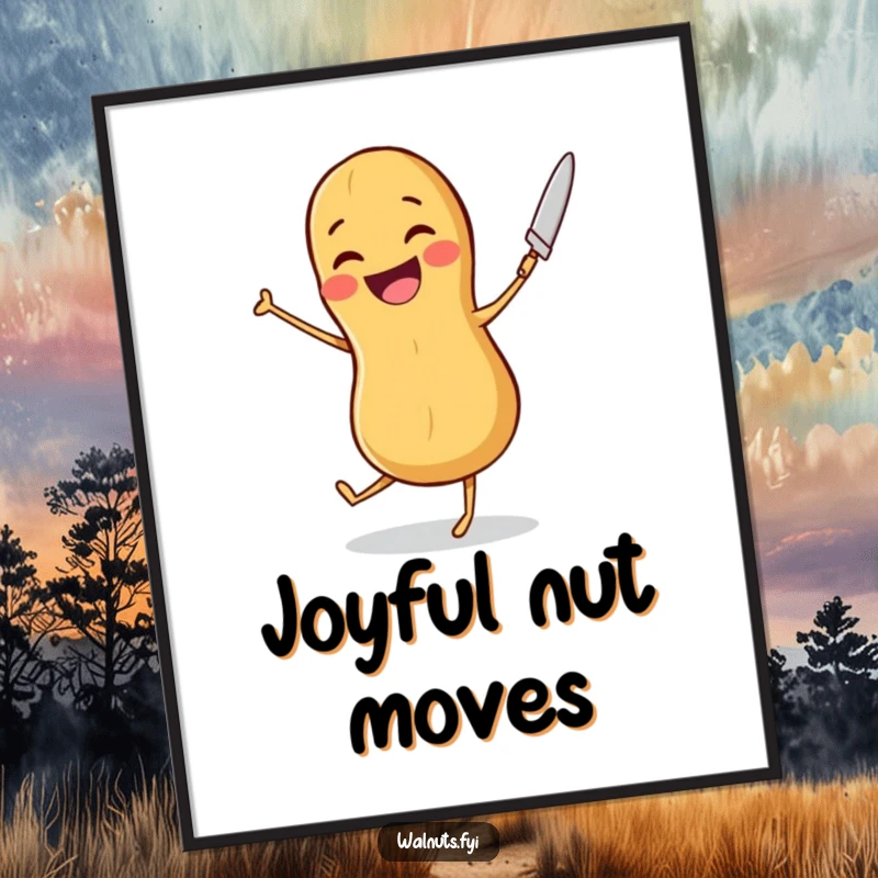Funny digital art print of a joyful peanut dancing with a butter knife, perfect for instant decor and cheerful vibes.