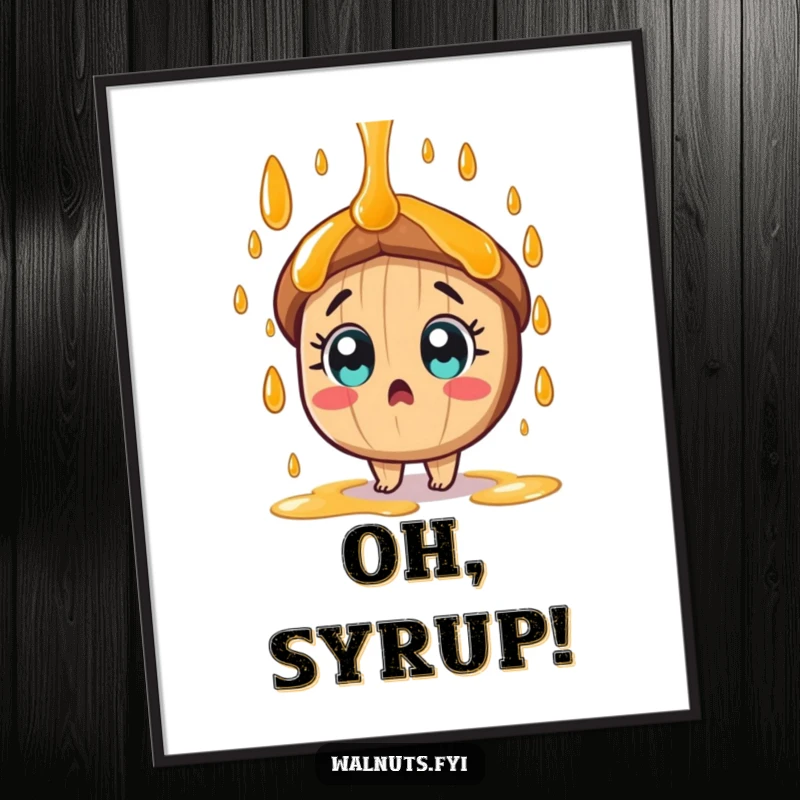 Funny tan pecan character with wide eyes is showered by sweet syrup in this humorous digital art print.